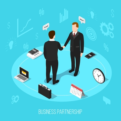 Isometric people partnership conceptual background with composition of office equipment silhouette pictograms and human characters shaking hands vector illustration