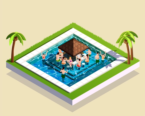 Water park friends isometric composition of square swimming pool with cocktail bar and party people characters vector illustration