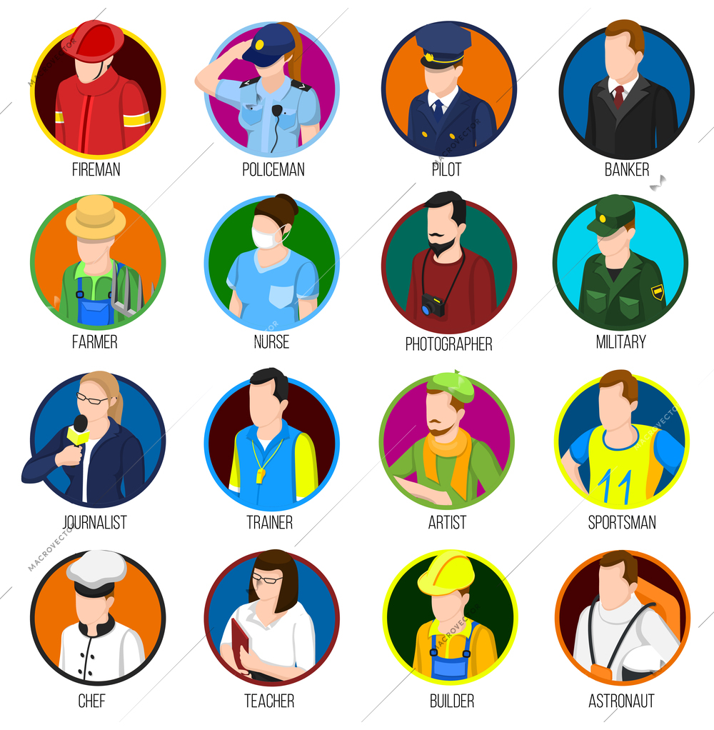 Avatar profession collection of sixteen isolated round user images and uniformed human characters with text captions vector illustration