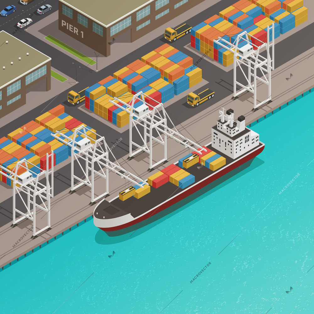 Freight loading dock at harbor wharf with moored cargo barge and stacked containers isometric composition vector illustration