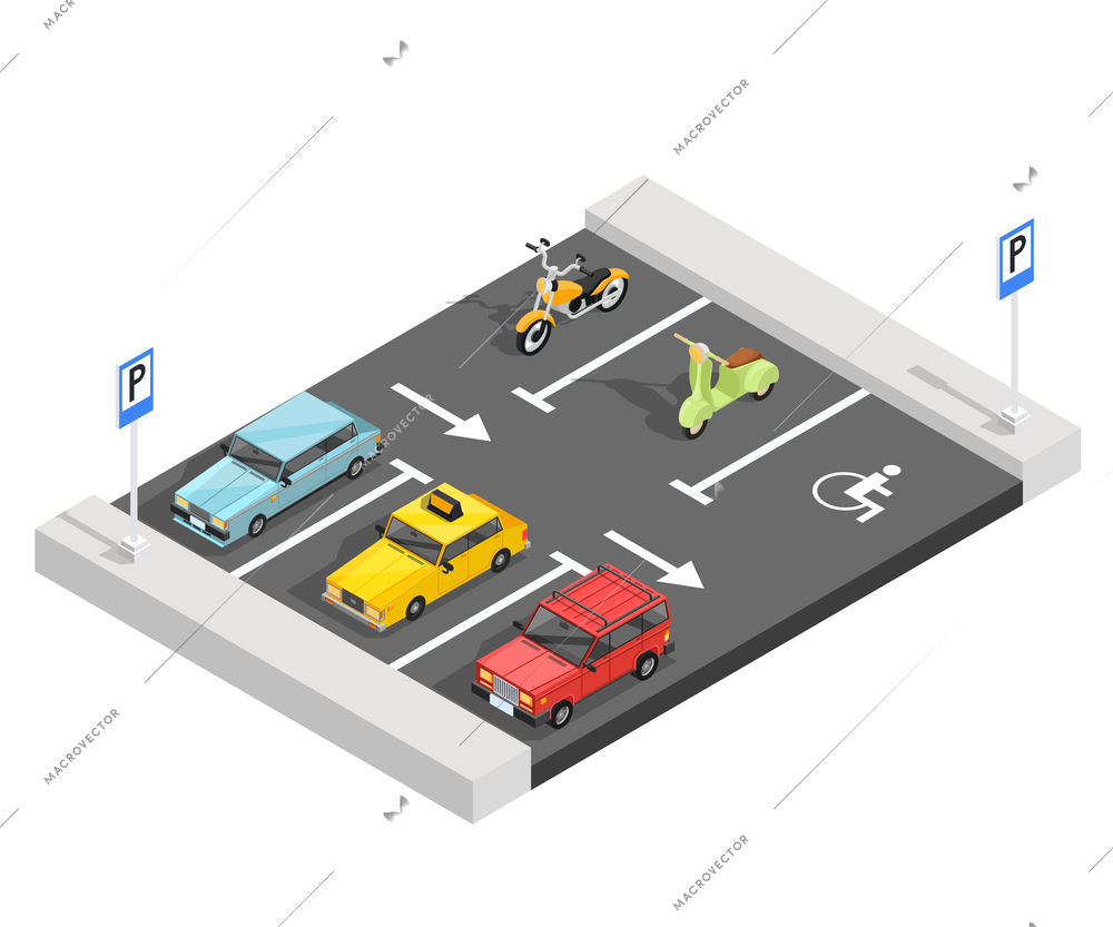 Transport isometric composition with parking area section traffic signs asphalt markings cars and bicycles with shadows vector illustration