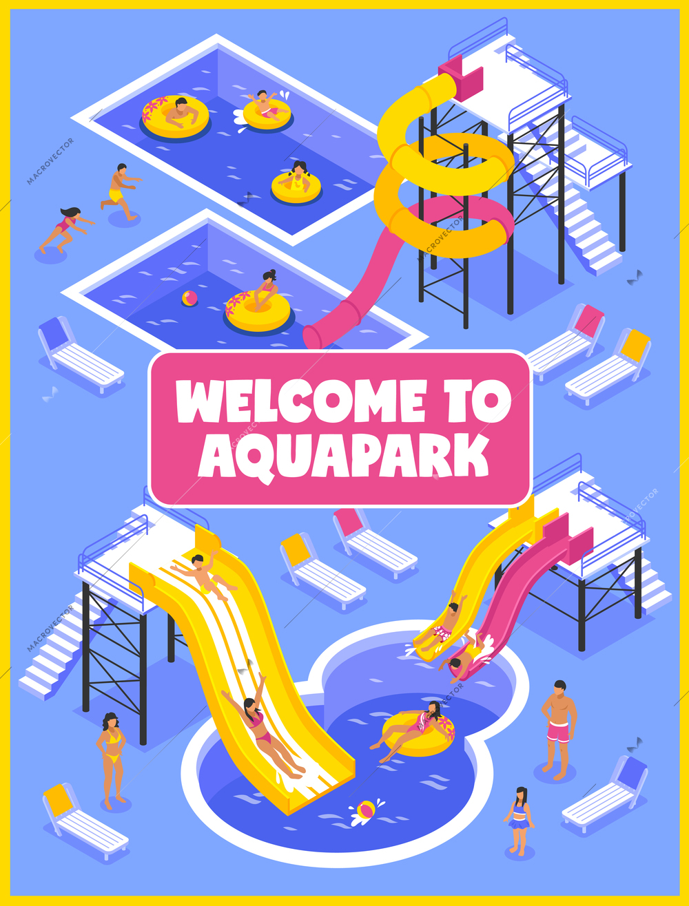 Aqua park poster with people chaise lounges and pools isometric vector illustration