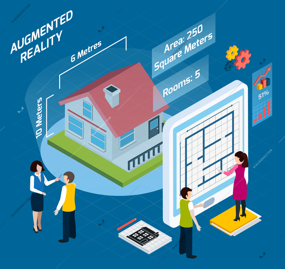 Colored augmented reality isometric composition with area number of rooms and other descriptions vector illustration