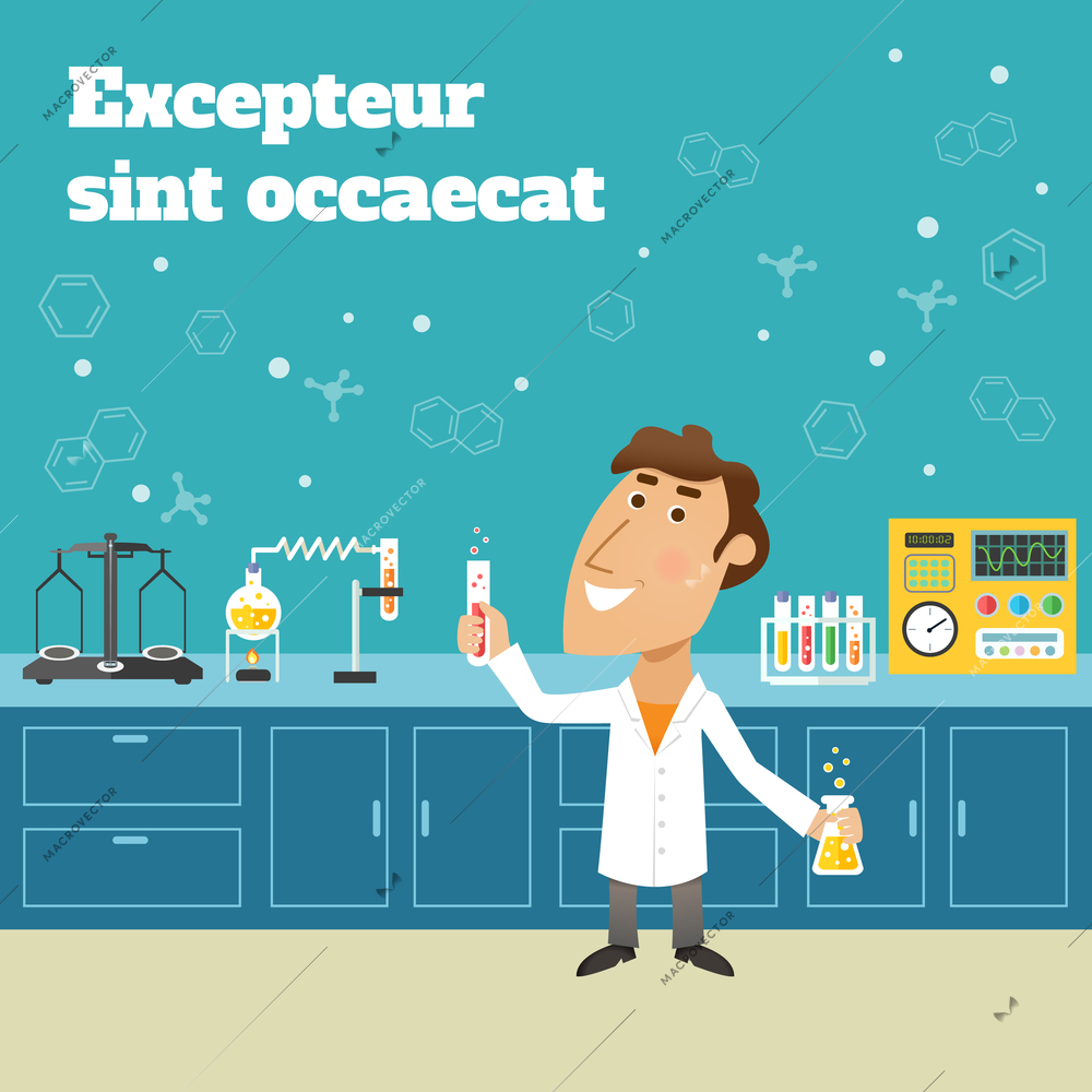 Scientist in science education research lab with flasks and laboratory equipment poster vector illustration