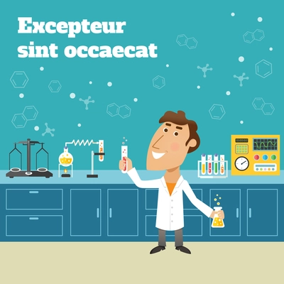 Scientist in science education research lab with flasks and laboratory equipment poster vector illustration