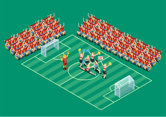 Cheerleading dancers supporting football teams on field 3d isometric vector illustration