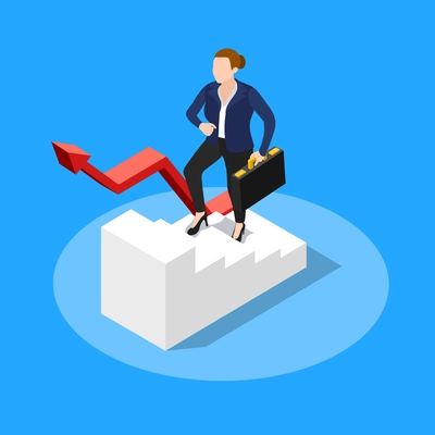 Isometric people business conceptual composition with faceless human character of businesswoman getting on in the company vector illustration