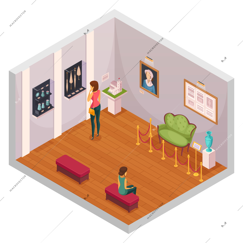 Exhibition isometric composition representing interior of museum hall with visitors exhibits of furniture and accessories vector illustration