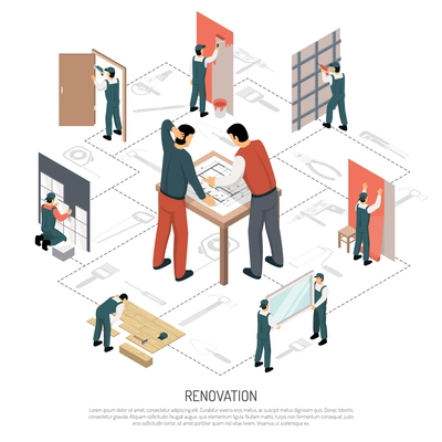 Process of house renovation isometric 3d infographics on white background vector illustration