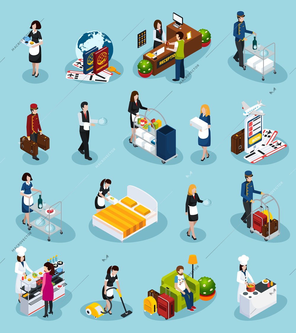 Colored hotel service isometric icon set providing successful customer service for guest experience vector illustration