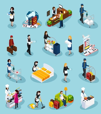 Colored hotel service isometric icon set providing successful customer service for guest experience vector illustration