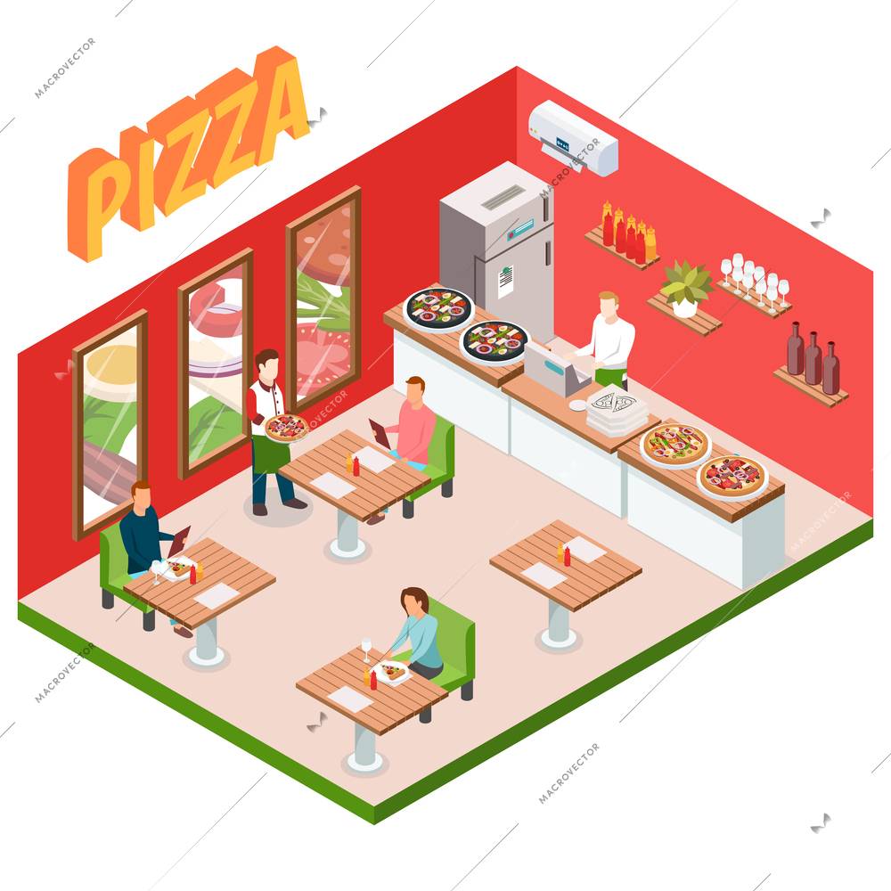 Isometric pizzeria background with restaurant visitors and attendants 3 d model vector illustration