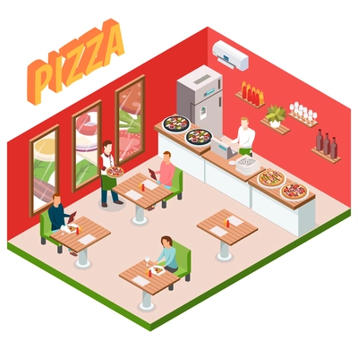 Isometric pizzeria background with restaurant visitors and attendants 3 d model vector illustration