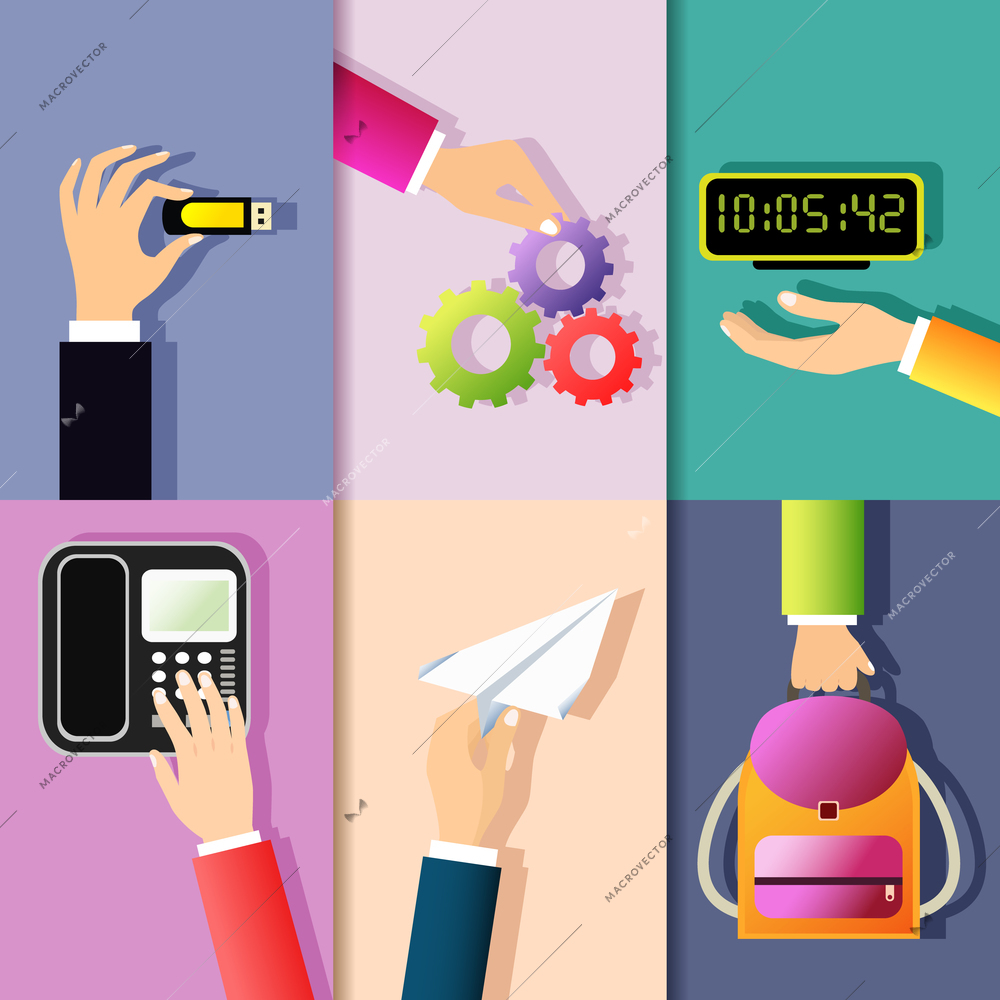 Business hands gestures design elements of holding memory stick cog wheel digital clock isolated vector illustration