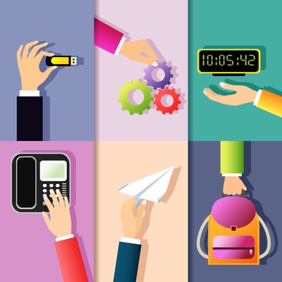 Business hands gestures design elements of holding memory stick cog wheel digital clock isolated vector illustration