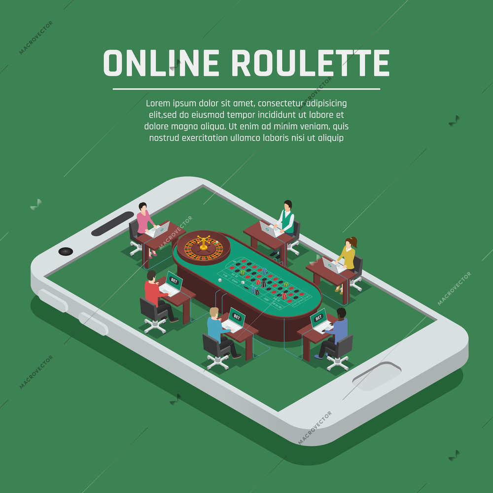 Online casino gambling advertisement poster with roulette payers at poker table on smartphone screen isometric composition vector illustration