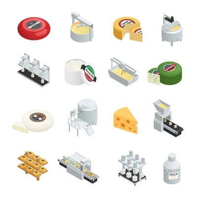 Dairy production factory isometric icons set with creamy soft and hard cheese varieties ripening isometric isolated vector illustration