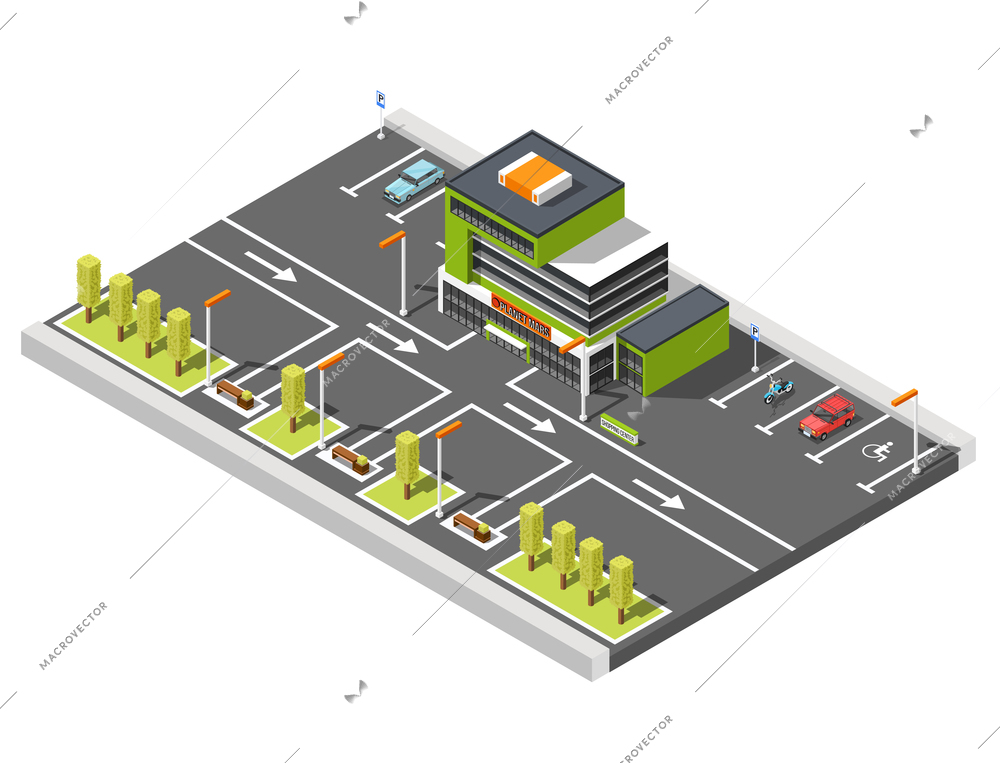 Government building isometric composition of shopping center building and parking lot area with road marking and arrows vector illustration