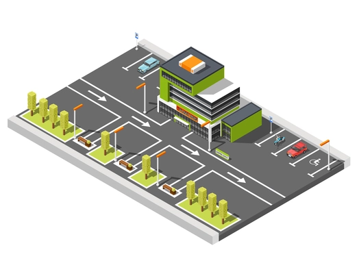 Government building isometric composition of shopping center building and parking lot area with road marking and arrows vector illustration