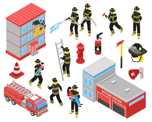 Fire department isometric icons set with  firefighters engaged in extinguishing of burning building and saving people vector illustration