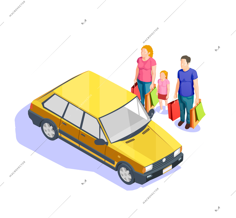 Family with lots of bags going to their car after doing shopping 3d isometric vector illustration