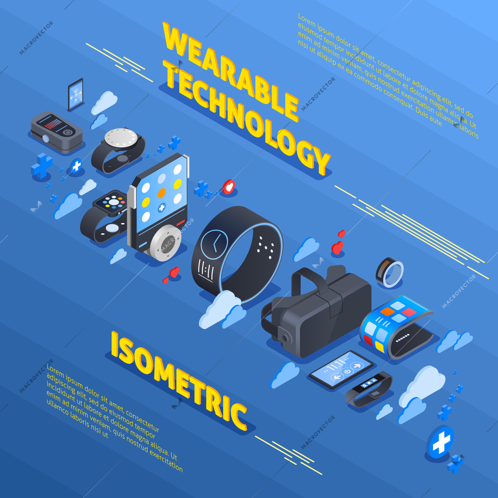 Wearable technology isometric composition with devices for health, watches, fitness trackers on blue textured background vector illustration