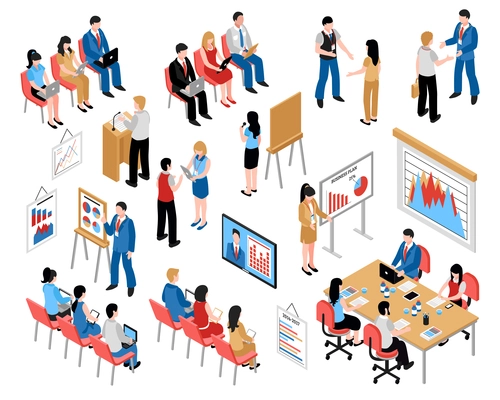 Business education and coaching isometric icons set with coming to training and business seminar vector illustration