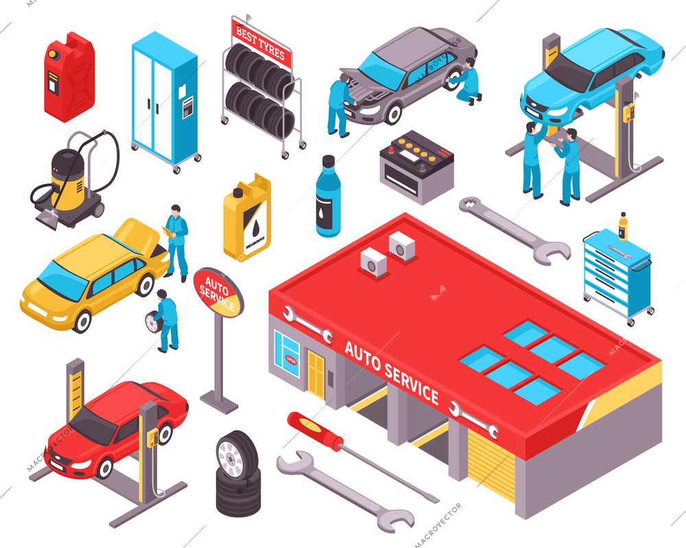 Auto service isometric icons set with cars diagnostic equipment repair tools garage space isolated vector illustration