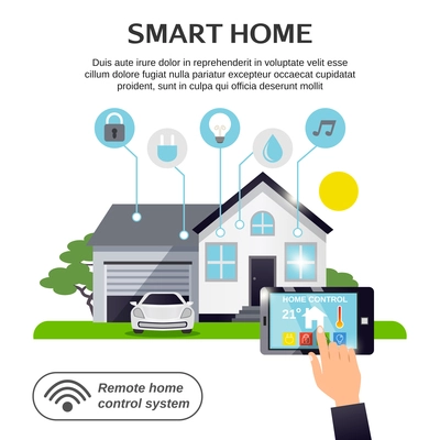 Colored smart home illustration with remote home control system description and mans finger tap the button on the tablet vector illustration