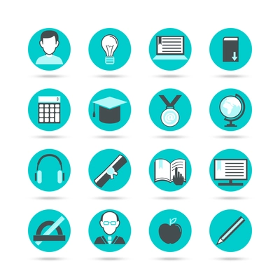 Blue learning flat icon set with tools and equipment for student and teacher vector illustration