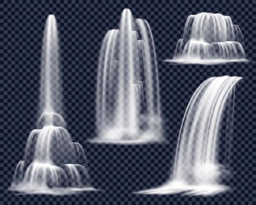 Set of realistic waterfalls including cascading streams of various shape on transparent background isolated vector illustration