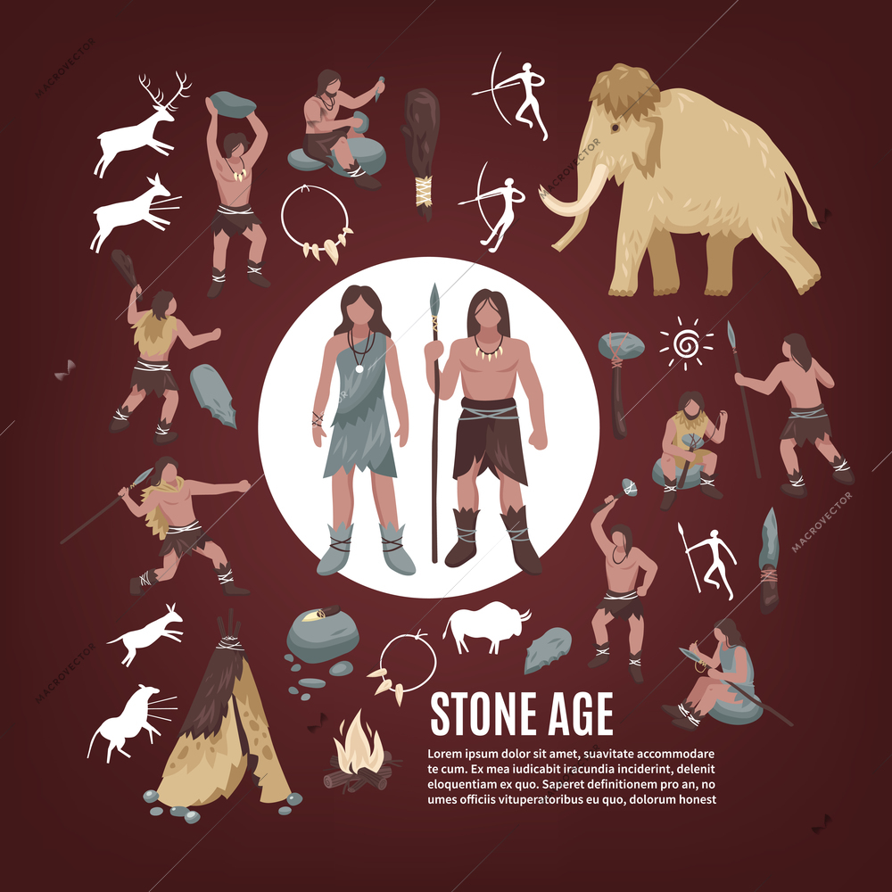 Stone age people icons set with weapon flat isolated vector illustration