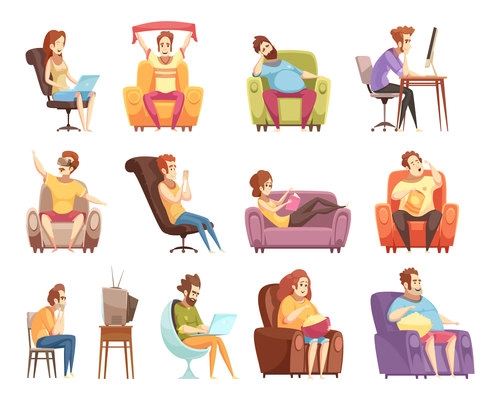 Sedentary lifestyle set of retro cartoon icons with work at computer, watching television, reading isolated vector illustration