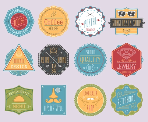 Set of retro colored line emblems with hipster elements isolated vector illustration