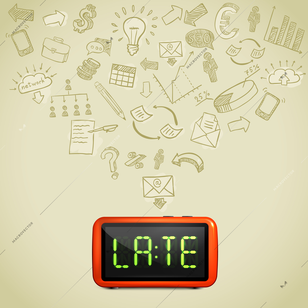 Business lateness concept with hand drawn icons of work processes 3d alarm on beige background vector illustration