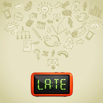 Business lateness concept with hand drawn icons of work processes 3d alarm on beige background vector illustration
