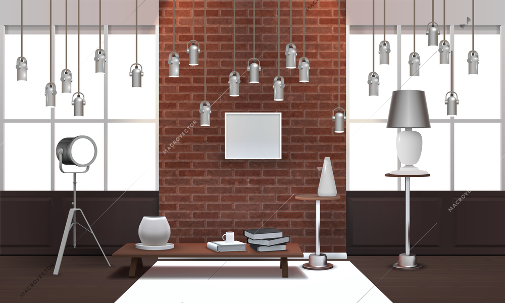 Realistic design loft interior with metal hanging lamps, wooden table, picture frame on brick wall vector illustration