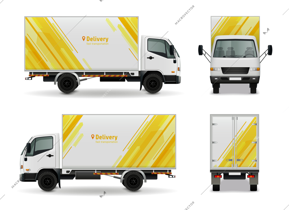 Realistic cargo vehicle advertising mockup design in yellow white color side view, front and rear vector illustration