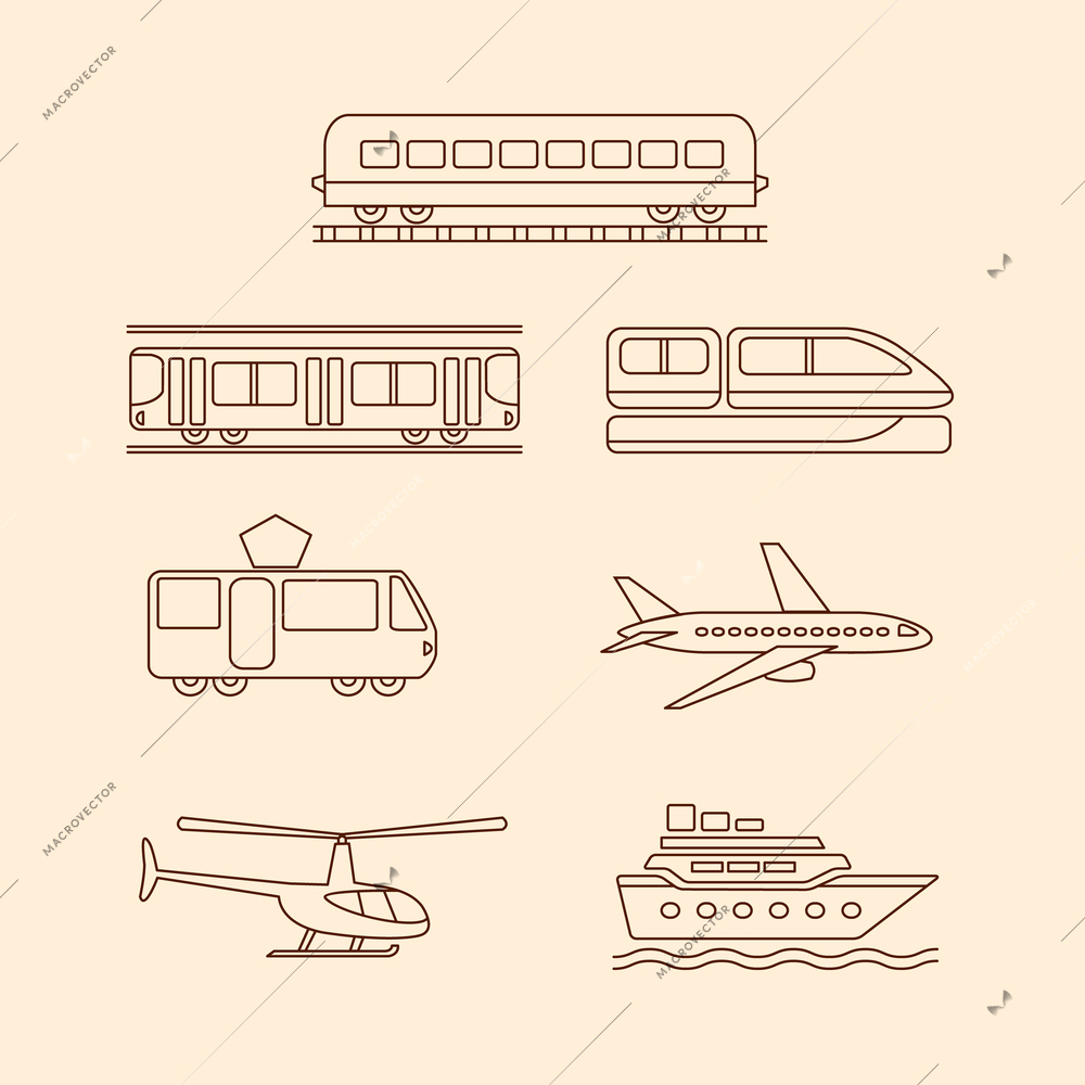 Transportation icons of tram, subway, train, airplane, helicopter, ship vector illustration