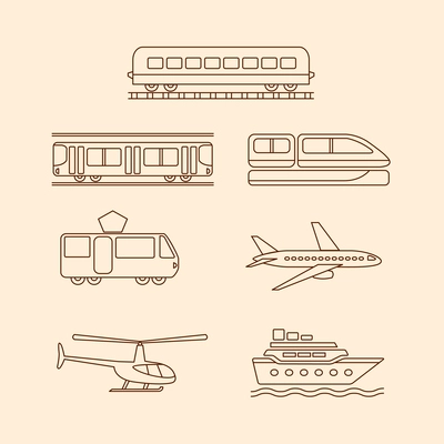 Transportation icons of tram, subway, train, airplane, helicopter, ship vector illustration