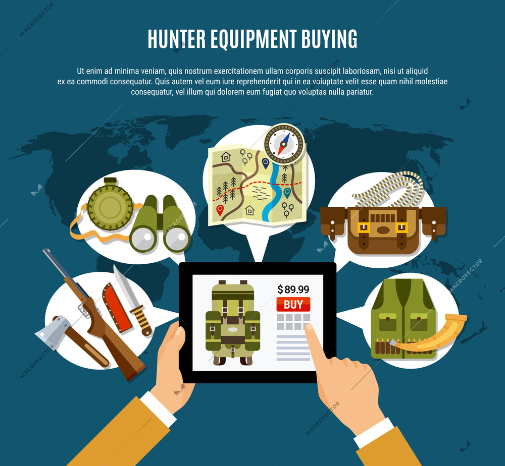 Hunter equipment composition with uniform rifle and map flat vector illustration