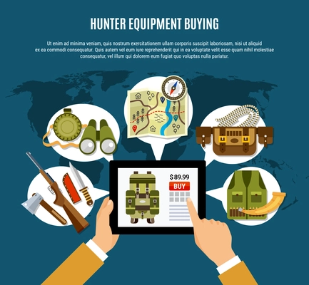 Hunter equipment composition with uniform rifle and map flat vector illustration