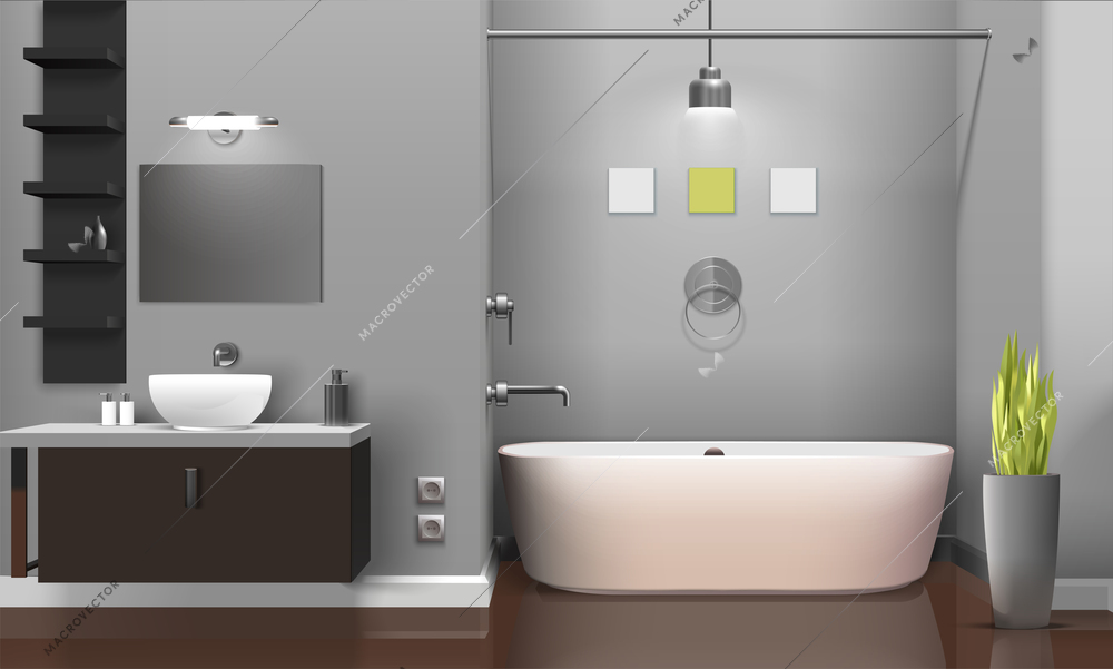 Modern realistic bathroom interior design with white sanitary equipment, shelves on grey wall, decorative plant vector illustration