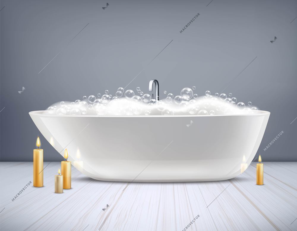 Glossy white bathtub with foam and burning candles at floor on grey wall background 3d vector illustration