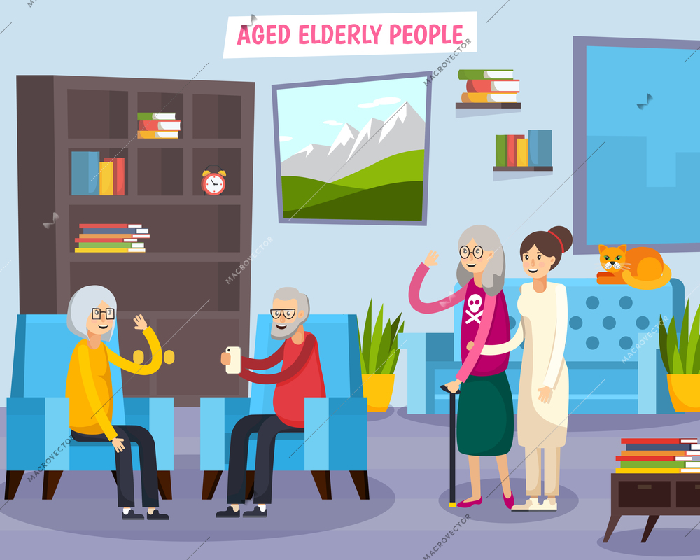 Colored flat aged elderly people orthogonal composition with group of people gathered together vector illustration