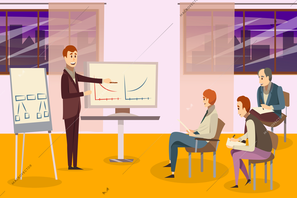 Business training composition with teacher near whiteboards and participants on chairs on background of windows vector illustration