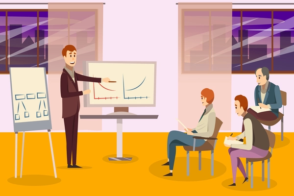 Business training composition with teacher near whiteboards and participants on chairs on background of windows vector illustration