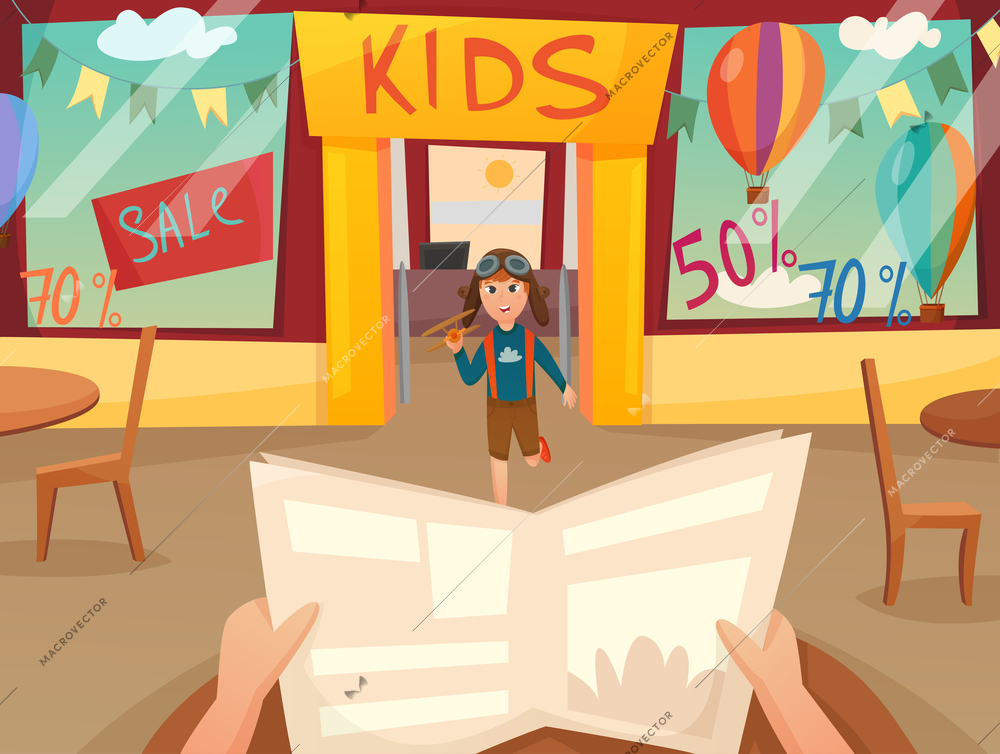 Retro cartoon kid running off composition with first person view in front of shop window vector illustration