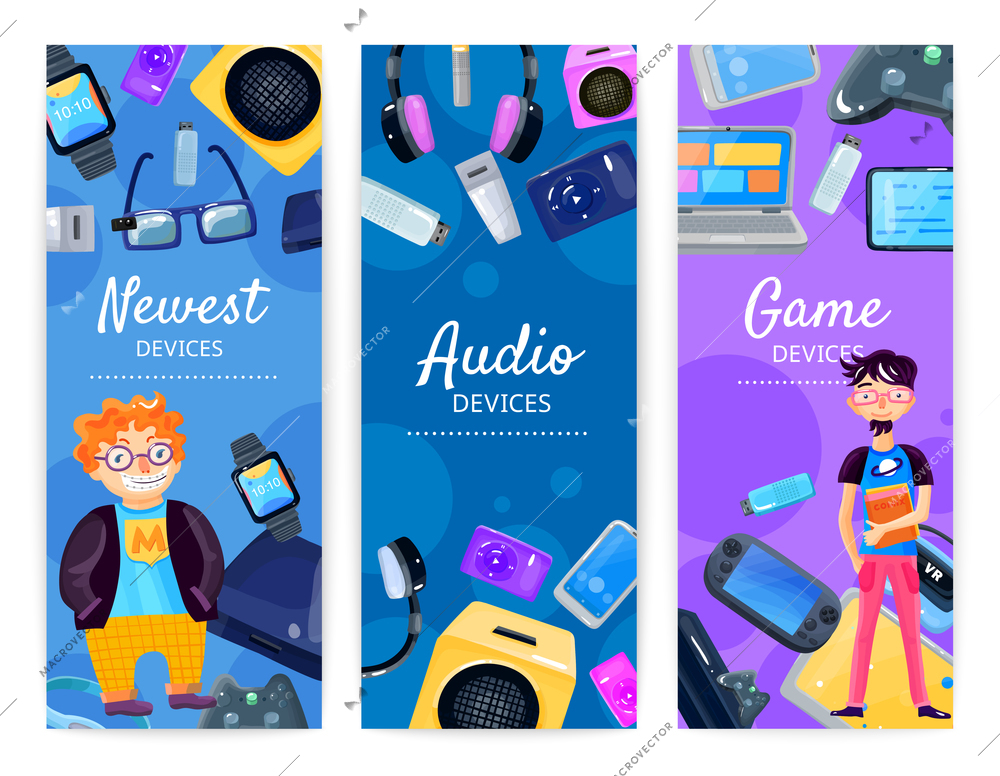 Character geek nerd vertical banners set with cartoon style male human characters and flat images of gadgets vector illustration