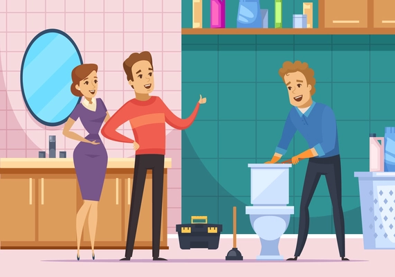 Flat composition with plumber repairing toilet and happy customer family in home interior cartoon vector illustration